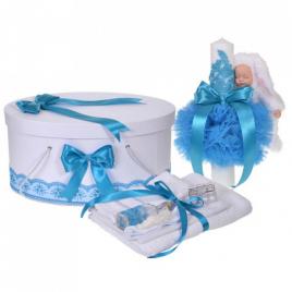 Set trusou botez, cutie trusou si lumanare iepuras pufos, dantela si fundite,
