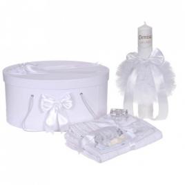Set trusou botez, cutie trusou si lumanare personalizata cu nume, decor alb,
