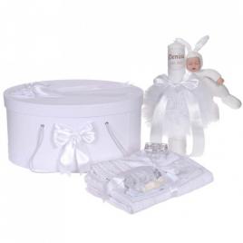 Set trusou botez, cutie trusou si lumanare personalizata cu nume, decor alb cu