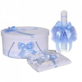 Set trusou botez, cutie trusou si lumanare personalizata cu nume, decor bleu,