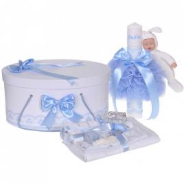 Set trusou botez, cutie trusou si lumanare personalizata cu nume, decor bleu cu
