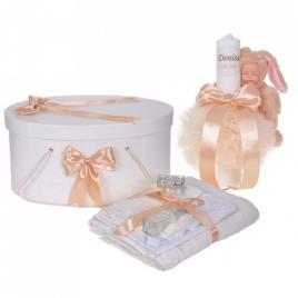 Set trusou botez, cutie trusou si lumanare personalizata cu nume, decor crem cu