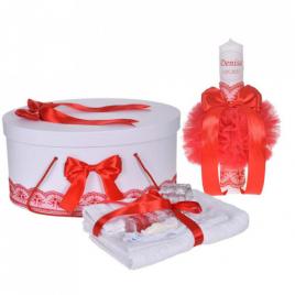 Set trusou botez, cutie trusou si lumanare personalizata cu nume, decor rosu,
