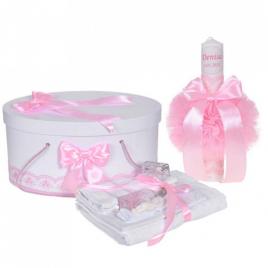 Set trusou botez, cutie trusou si lumanare personalizata cu nume, decor roz,
