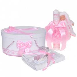 Set trusou botez, cutie trusou si lumanare personalizata cu nume, decor roz cu