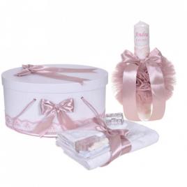 Set trusou botez, cutie trusou si lumanare personalizata cu nume, decor roz
