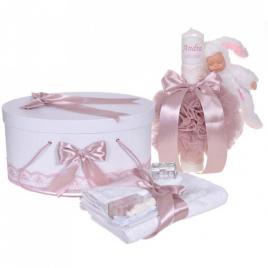 Set trusou botez, cutie trusou si lumanare personalizata cu nume, decor roz