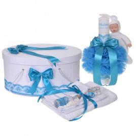 Set trusou botez, cutie trusou si lumanare personalizata cu nume, decor turcoaz
