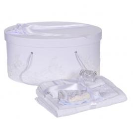 Set trusou botez si cutie trusou, dantela si fundita, decor elegant alb,