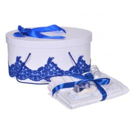 Set trusou botez si cutie trusou, dantela si fundita, decor elegant albastru,