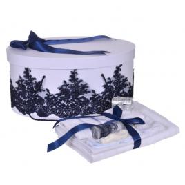 Set trusou botez si cutie trusou, dantela si fundita, decor elegant bleumarin,