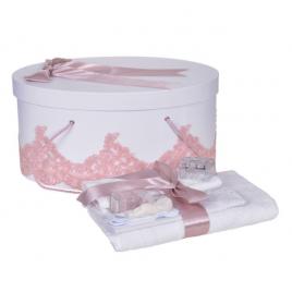 Set trusou botez si cutie trusou, dantela si fundita, decor elegant roz pudra,