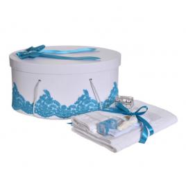 Set trusou botez si cutie trusou, dantela si fundita, decor elegant turcoaz,