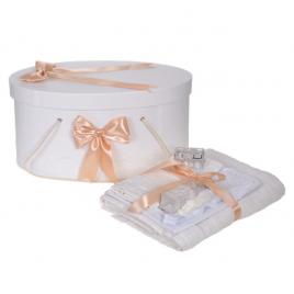 Set trusou botez si cutie trusou, dantela si fundite, decor ivoire / crem,