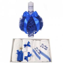 Trusou botez cu mesaj si lumanare botez personalizata, decor albastru, denikos®