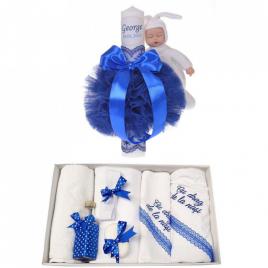 Trusou botez cu mesaj si lumanare botez personalizata, decor albastru cu