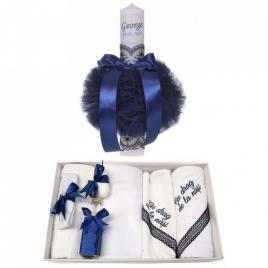 Trusou botez cu mesaj si lumanare botez personalizata, decor bleumarin,