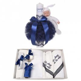 Trusou botez cu mesaj si lumanare botez personalizata, decor bleumarin cu