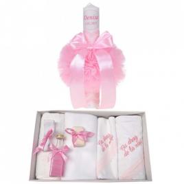 Trusou botez cu mesaj si lumanare botez personalizata, decor roz, denikos® 788