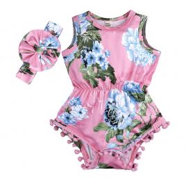 Body roz imprimat cu flori bleu cu bentita asortata (marime disponibila: 3-6