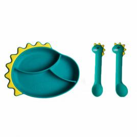Set tavita cu trei compartimente si tacamuri din silicon - dinozaur