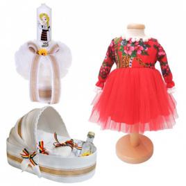 Set botez traditional fetita, trusou botez landou, lumanare si costum