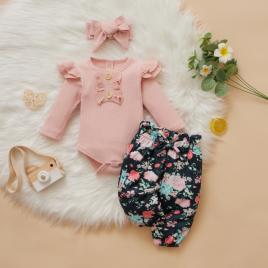Compleu cu body roz si pantaloni verzi inflorati (marime disponibila: 6-9 luni
