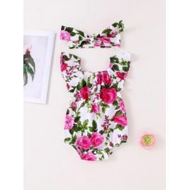 Body alb cu trandafiri roz ciclamen si cu bentita asortata (marime disponibila: