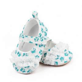 Pantofiori albi cu danteluta cu floricele verzi (marime disponibila: 6-9 luni