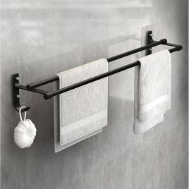Suport din aluminiu pentru 2 prosoape + 2 cuiere, lungime 60 cm, culoare neagra