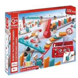Set de joaca din lemn domino, fabrica de roboti, 122 piese