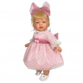Papusa nines d'onil celia cu parul blond, rochie roz plumeti, miros de vanilie, 45 cm