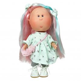 Papusa nines d'onil mia cu parul roz si suvite verzi, articulatii si miros de vanilie 30 cm