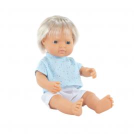 Papusa baiat caucazian blond 38 cm cu tricoul bleu, corp parfumat, colectia my