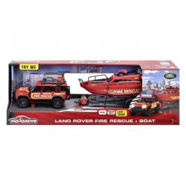 Majorette set masina de pompieri land rover si barca de salvare