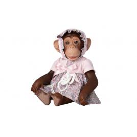 Maimutica reborn cu scutec, rochita cu boneta roz si suzeta