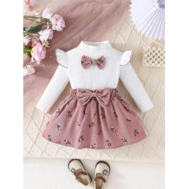 Set pentru fetite – bluzita alba cu papion si fustita roz pudra (marime