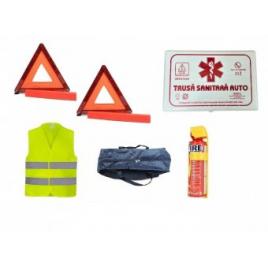 Pachet complet siguranta auto trusa medicala mare, stingator , 2 triunghiuri , vesta , geanta depozitare