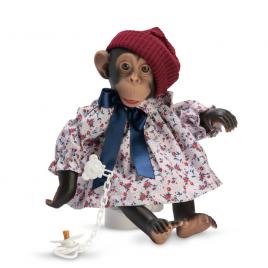 Figurina maimutica reborn cu scutec, rochita, caciulita rosie si suzeta