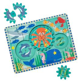 Puzzle educativ din lemn, cu rotite dintate, oceanul, 8 piese, 3 ani+, melissa&doug