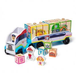 Camion cu remorca, 28 cuburi din lemn cu litere si 3 figurine patrula catelusilor