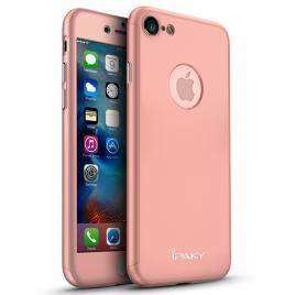 Husa ipaky iphone 7 full cover 360 + folie sticla securizata, roz - auriu