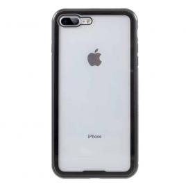Husa compatibila cu iphone 7 plus / 8 plus - sticla fata+spate 360 grade, cadru metalic cu magneti, negru