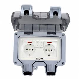 Priza dubla exterior innovix, model standard european, 250v/16a, ip66, rezistenta la apa si praf, gri cu intrerupatoare individuale