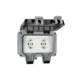 Priza exterior, begleri®, dubla, rezistenta la ploaie ip66, material pc, staniu fosfor bronz, potrivit pentru gradinarit, gri