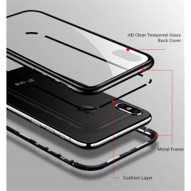 Husa cu bumper din aluminiu cu prindere magnetica si spate din sticla temperata securizata pentru iphone x black