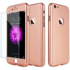 Husa full cover (fata + spate + geam sticla) pentru apple iphone 6 / 6s, rose gold