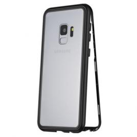 Husa cu bumper din aluminiu cu prindere magnetica si spate din sticla temperata securizata pentru samsung galaxy s9 plus black