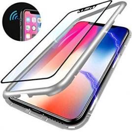 Husa apple iphone 7, magnetica 360 grade argintiu, perfect fit cu spate de sticla securizata premium + folie