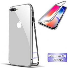 Husa apple iphone 8, magnetica 360 grade argintiu, perfect fit cu spate de sticla securizata premium + folie